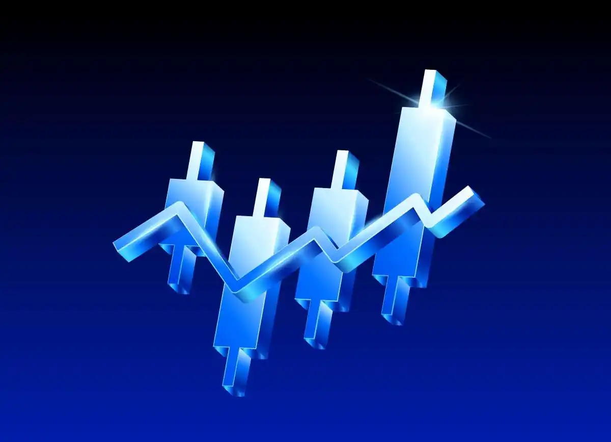 3d Japanese candlestick chart and line chart in blue metal style, isolated on dark blue background. Stock or crypto chart icon in 3d vector illustration
