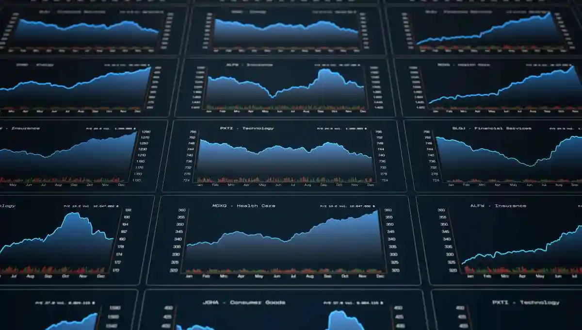 Charts up and down, line graph, stock market and exchange data, trading screen. Investment, business, financial market, analyzing, growth, wealth. 