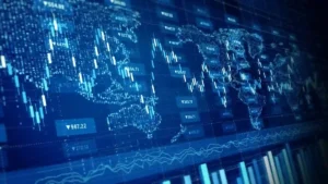 Blog 23 Digital candlestick chart over a world map in blue. Ideal for finance, trading, stock analysis, and investment backgrounds. 3d Rendering