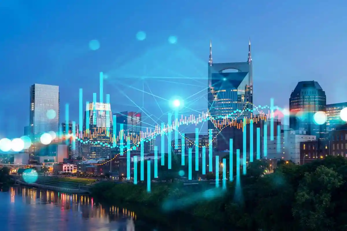 Rackspace class action lawsuit: the fundamentals of securities litigation 2 Skyscrapers Cityscape Downtown View, Nashville Skyline Buildings. Beautiful Real Estate. Night time. Forex Financial graph and chart hologram. Business education concept. used in Rackspace class action lawsuit