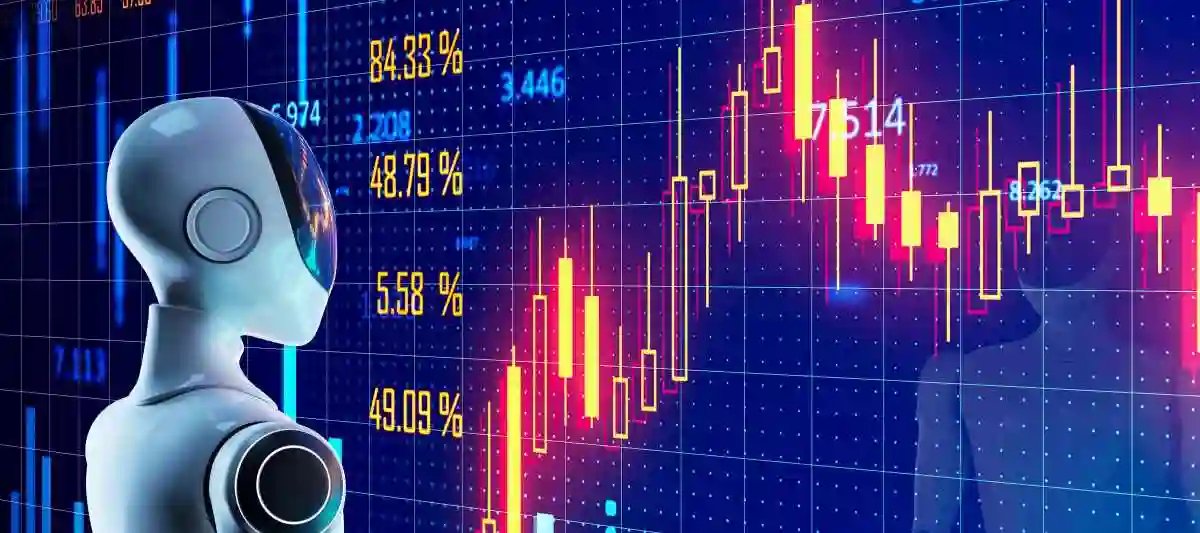 Robot monitoring forex trading charts and percentage indexes with glowing candlestick graphs on a futuristic digital screen background. 3D Rendering
