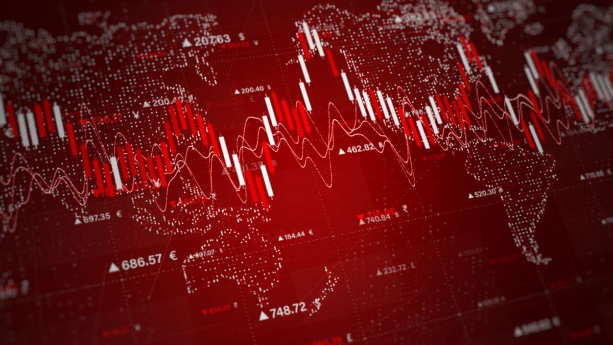 Falling stock graph on a red world map background representing a global financial crash. Ideal for crisis, economics, and trading visuals. finance investment background concept. 3d Rendering Alarum Class Action Lawsuit 