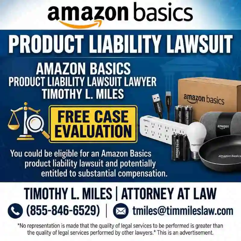 Attornyey add for free case evaluation in Compensation for an Amazon Basics Product Liability Lawsuit